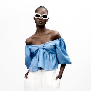 Zara Blue Linen Off the Shoulder top with Knotted front and balloon sleeves